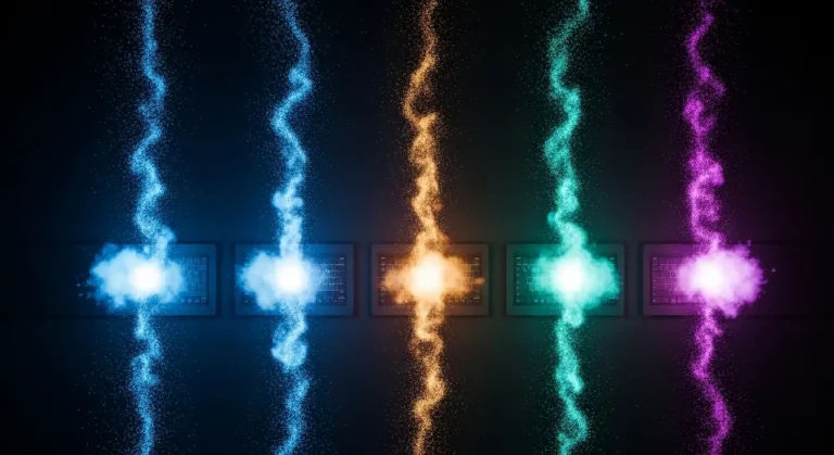 Múltiples streams de luz de colores (azul, naranja, teal, morado) fluyendo en paralelo como representación de procesos automatizados con IA