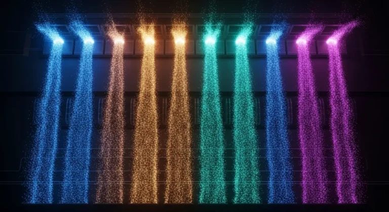 Múltiples streams de luz de colores (azul, naranja, teal, morado) fluyendo en paralelo como representación de procesos automatizados con IA
