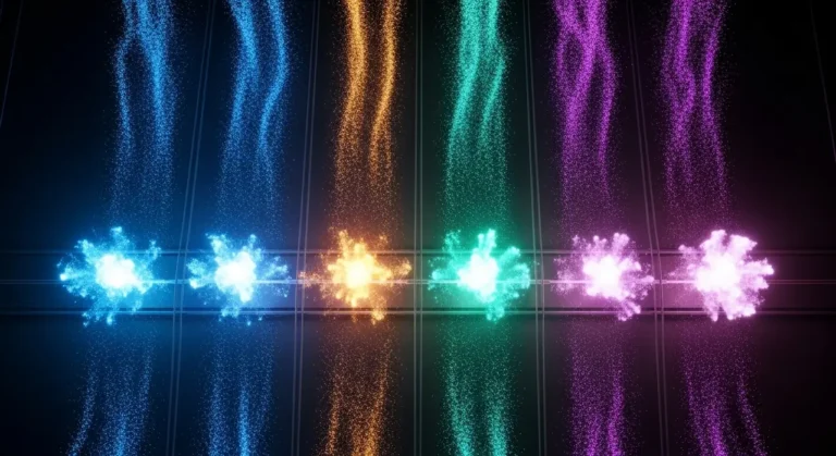 Flujos de trabajo automatizados con IA mostrados como cascadas de partículas de luz en colores vibrantes cayendo simultáneamente