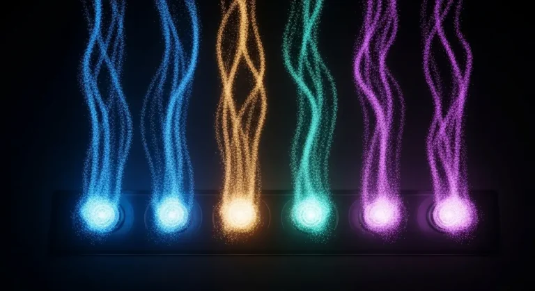 Múltiples streams de luz de colores (azul, naranja, teal, morado) fluyendo en paralelo como representación de procesos automatizados con IA