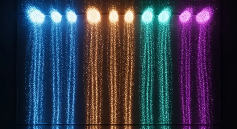 Múltiples streams de luz de colores (azul, naranja, teal, morado) fluyendo en paralelo como representación de procesos automatizados con IA