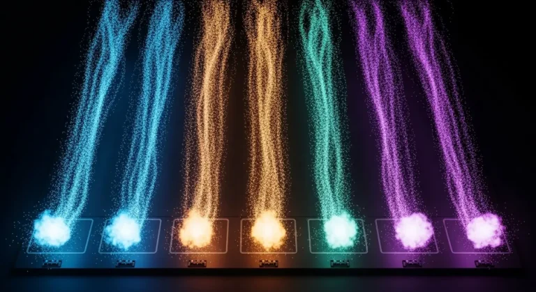 Visualización de automatización paralela: streams de datos de colores representando pipelines de IA ejecutándose en simultáneo