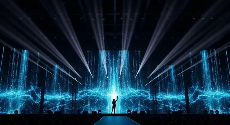 Espectador solitario en teatro esférico viendo experiencia inmersiva holográfica con música y figuras de IA