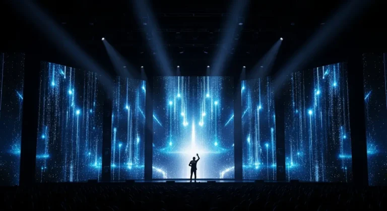 Artista silueteado en escenario oscuro con cascadas de luz azul y efectos visuales generados por inteligencia artificial