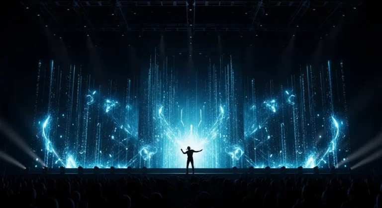 Espectador solitario en teatro esférico viendo experiencia inmersiva holográfica con música y figuras de IA