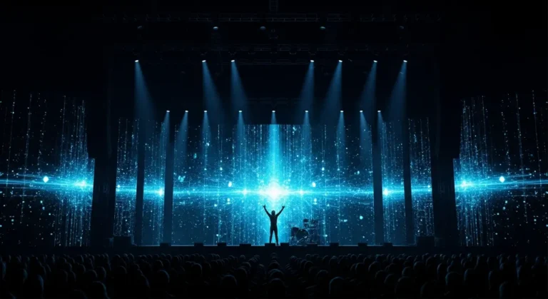 Teatro futurista vacío con espectáculo holográfico de espiral de bailarines de luz azul en el escenario central impulsado por IA