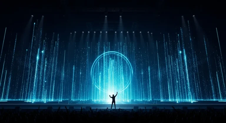 Espectador solitario en teatro esférico viendo experiencia inmersiva holográfica con música y figuras de IA