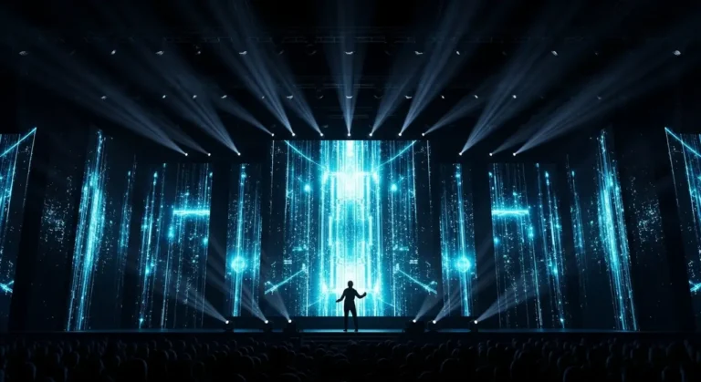 Teatro futurista vacío con espectáculo holográfico de espiral de bailarines de luz azul en el escenario central impulsado por IA