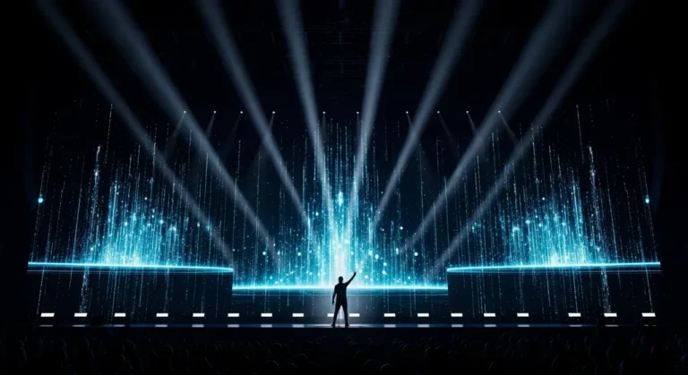 Espectador solitario en teatro esférico viendo experiencia inmersiva holográfica con música y figuras de IA