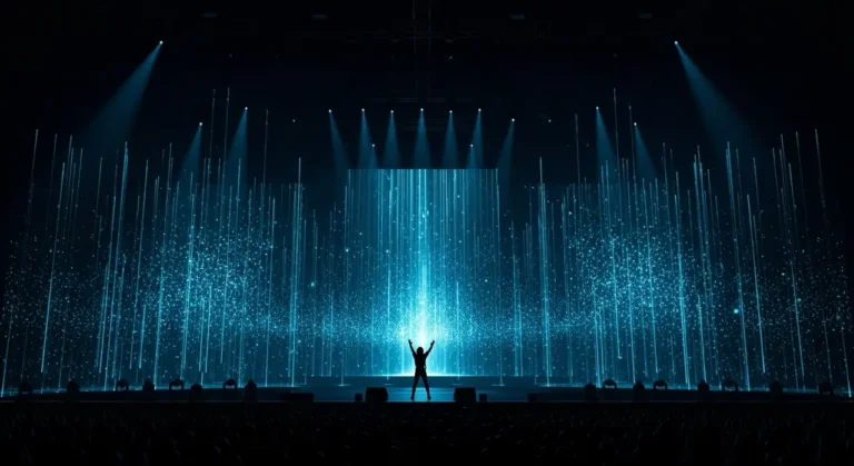 Artista silueteado en escenario oscuro con cascadas de luz azul y efectos visuales generados por inteligencia artificial