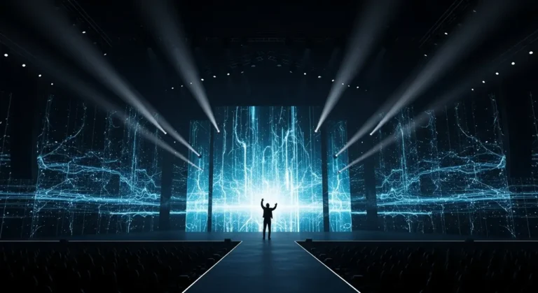 Espectador solitario en teatro esférico viendo experiencia inmersiva holográfica con música y figuras de IA