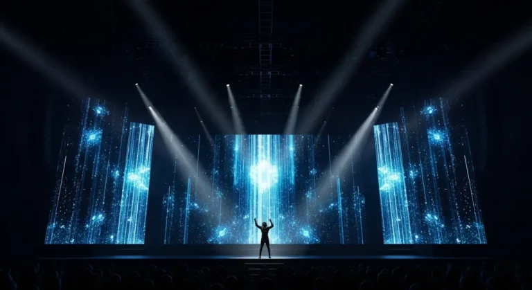 Teatro futurista vacío con espectáculo holográfico de espiral de bailarines de luz azul en el escenario central impulsado por IA