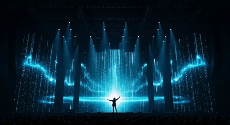 Espectador solitario en teatro esférico viendo experiencia inmersiva holográfica con música y figuras de IA