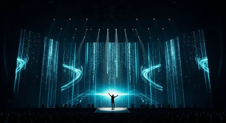 Teatro futurista vacío con espectáculo holográfico de espiral de bailarines de luz azul en el escenario central impulsado por IA