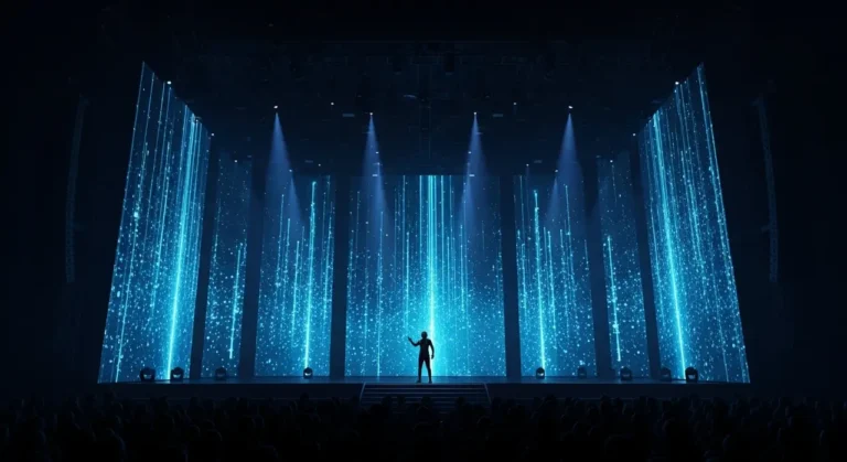 Artista silueteado en escenario oscuro con cascadas de luz azul y efectos visuales generados por inteligencia artificial