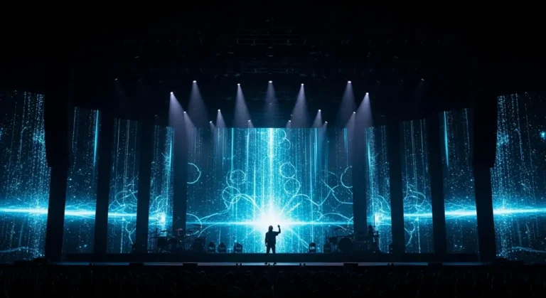 Espectador solitario en teatro esférico viendo experiencia inmersiva holográfica con música y figuras de IA