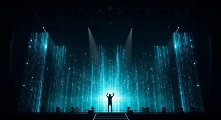 Artista silueteado en escenario oscuro con cascadas de luz azul y efectos visuales generados por inteligencia artificial