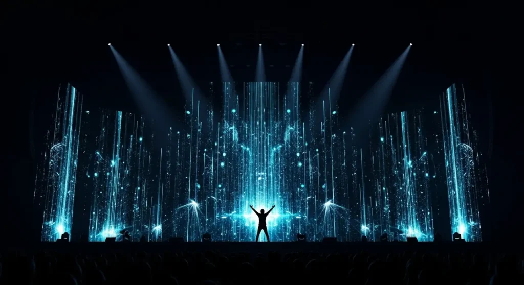 Espectador solitario en teatro esférico viendo experiencia inmersiva holográfica con música y figuras de IA