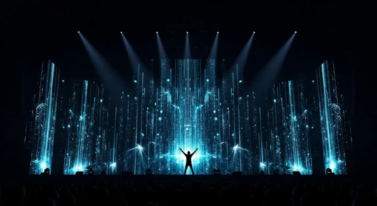 Espectador solitario en teatro esférico viendo experiencia inmersiva holográfica con música y figuras de IA