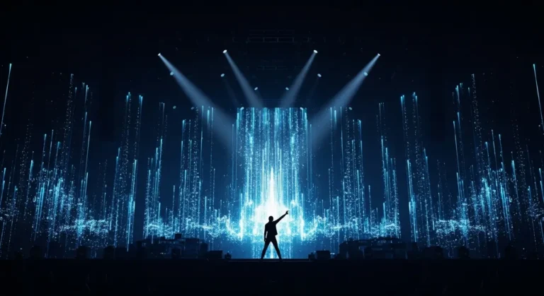 Teatro futurista vacío con espectáculo holográfico de espiral de bailarines de luz azul en el escenario central impulsado por IA