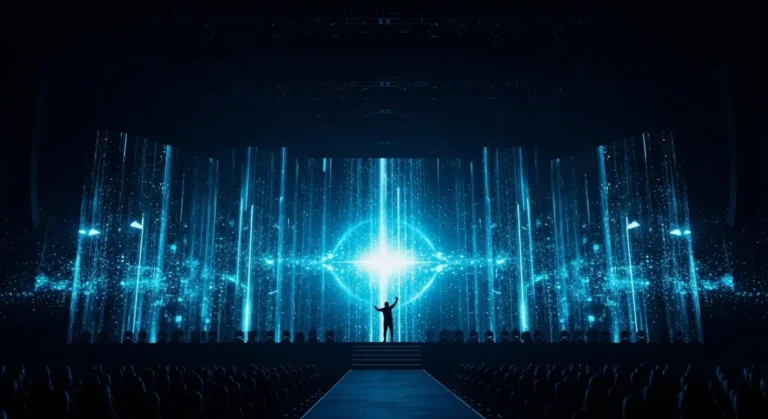 Artista silueteado en escenario oscuro con cascadas de luz azul y efectos visuales generados por inteligencia artificial