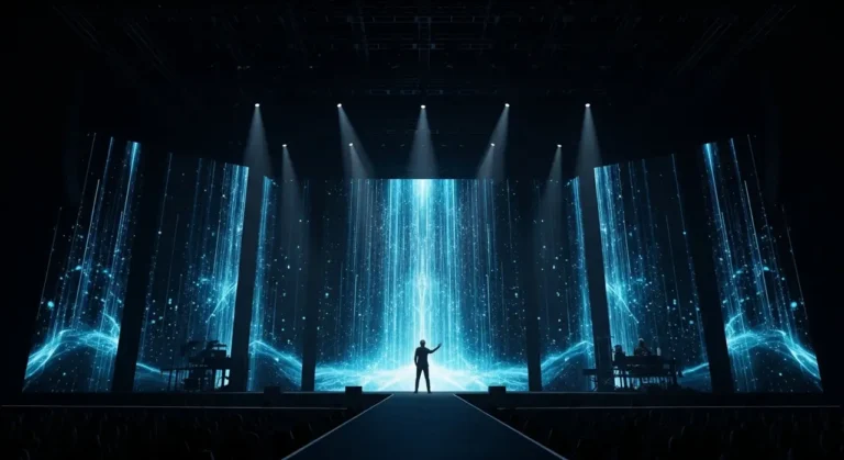 Espectador solitario en teatro esférico viendo experiencia inmersiva holográfica con música y figuras de IA