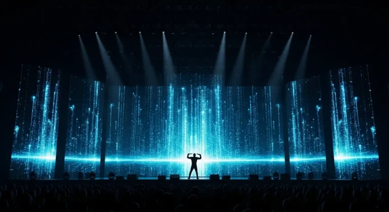 Artista silueteado en escenario oscuro con cascadas de luz azul y efectos visuales generados por inteligencia artificial