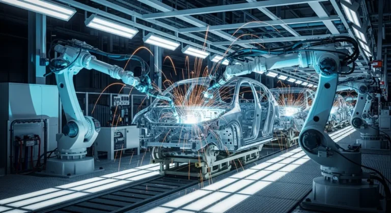Brazos robóticos blancos industriales soldando el chasis de un vehículo con chispas y luz azul en planta de manufactura automatizada