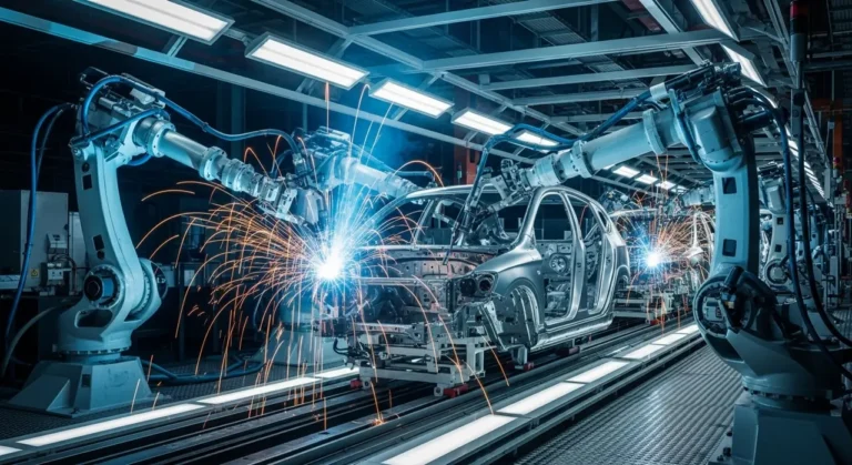 Robots industriales de alta precisión ensamblando automóvil en línea de producción con inteligencia artificial