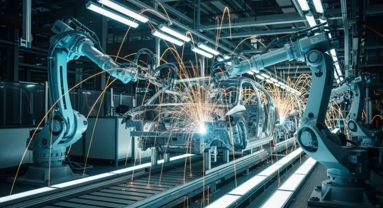 Brazos robóticos blancos industriales soldando el chasis de un vehículo con chispas y luz azul en planta de manufactura automatizada