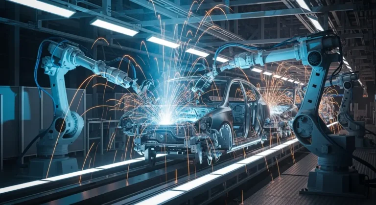 Brazos robóticos blancos industriales soldando el chasis de un vehículo con chispas y luz azul en planta de manufactura automatizada