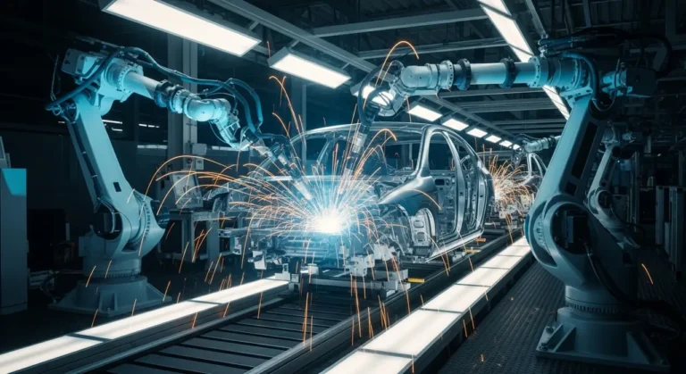 Planta automotriz automatizada con brazos robóticos generando chispas al soldar estructura de vehículo
