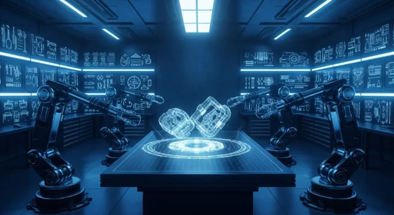 Representación conceptual de inteligencia artificial con elementos tecnológicos y datos digitales sobre fondo oscuro