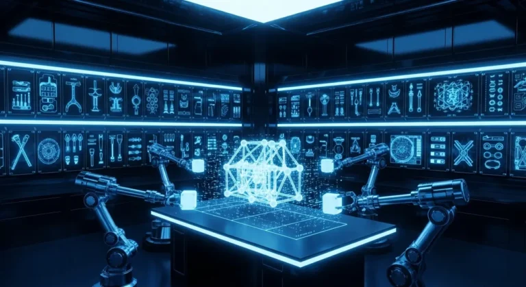 Representación conceptual de inteligencia artificial con elementos tecnológicos y datos digitales sobre fondo oscuro