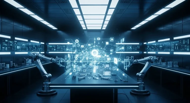 Representación conceptual de inteligencia artificial con elementos tecnológicos y datos digitales sobre fondo oscuro