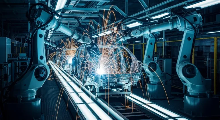 Brazos robóticos blancos industriales soldando el chasis de un vehículo con chispas y luz azul en planta de manufactura automatizada