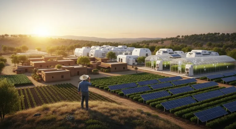 Planta monitoreada por sensores de IA con raíces mostrando red neuronal dorada bajo la tierra en agricultura de precisión