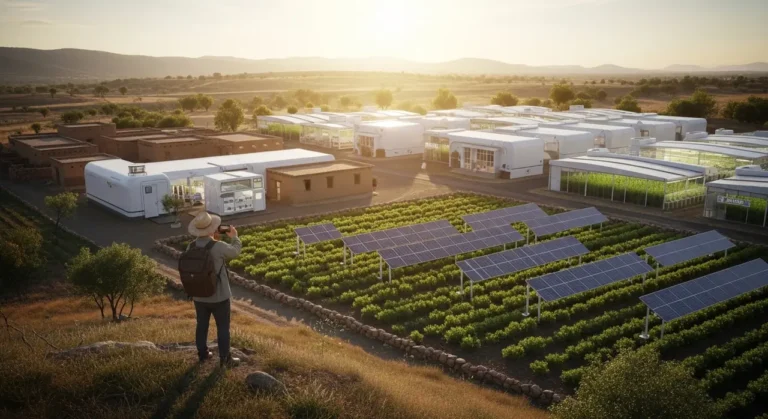 Granja inteligente del futuro en México con invernaderos tecnológicos, paneles solares y agricultor supervisando al amanecer