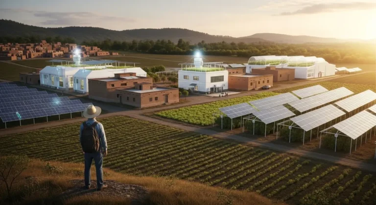 Planta monitoreada por sensores de IA con raíces mostrando red neuronal dorada bajo la tierra en agricultura de precisión