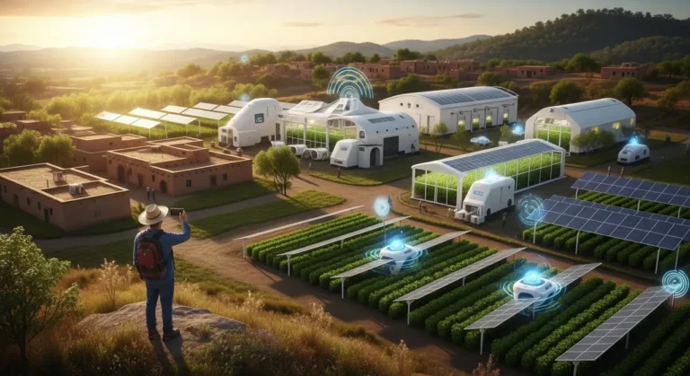 Granja inteligente del futuro en México con invernaderos tecnológicos, paneles solares y agricultor supervisando al amanecer