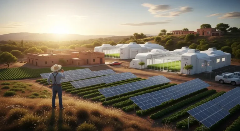 Drones agrícolas con IA sobrevolando cultivos de agave en México con grid de datos de precisión proyectado sobre el campo