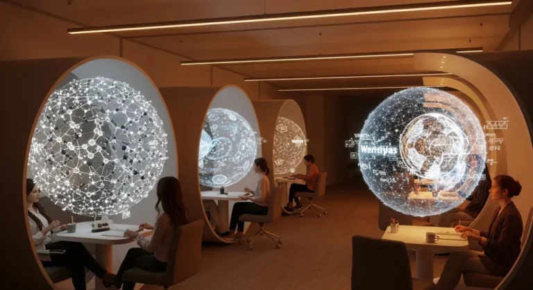 Estudiantes universitarios caminando por campus histórico con overlays de red neuronal y tecnología IA proyectada sobre el ambiente educativo