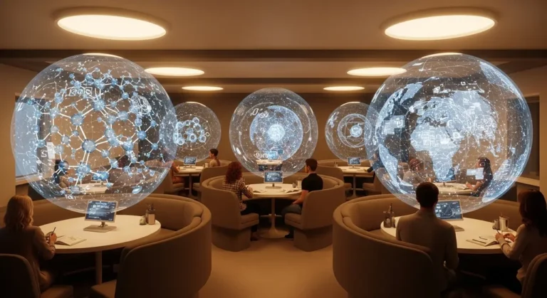 Sala de aprendizaje futurista con pods individuales y burbujas holográficas de inteligencia artificial por estudiante