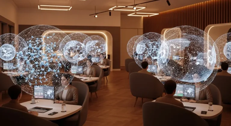 Sala de aprendizaje futurista con pods individuales y burbujas holográficas de inteligencia artificial por estudiante