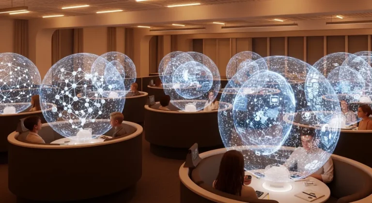 Campus universitario al atardecer con estudiantes conectados digitalmente a través de redes de inteligencia artificial