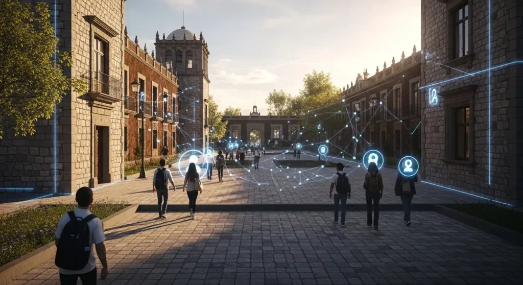 Estudiantes universitarios caminando por campus histórico con overlays de red neuronal y tecnología IA proyectada sobre el ambiente educativo