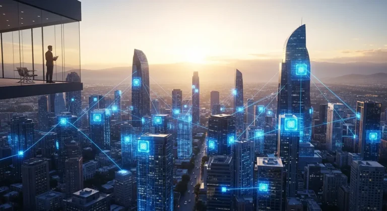 Vista aérea de ciudad inteligente con flujos de datos azules entre edificios y chip de IA central iluminado de noche