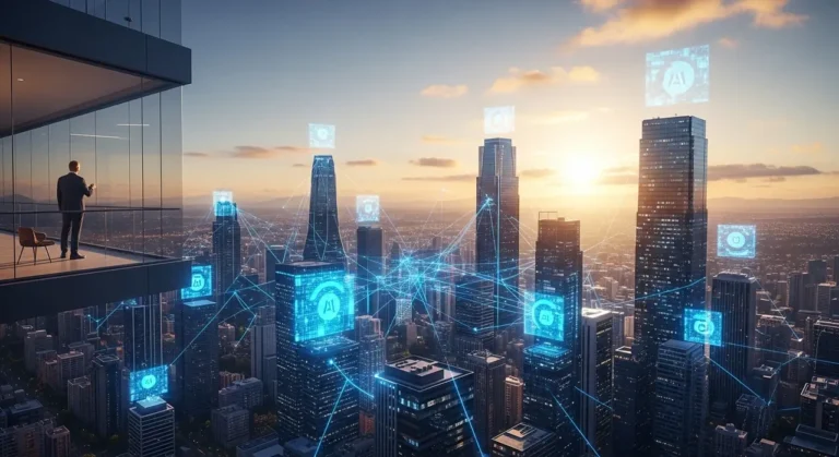 Skyline futurista de ciudad mexicana al amanecer con nodos de inteligencia artificial conectando rascacielos modernos