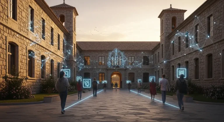 Sala de aprendizaje futurista con pods individuales y burbujas holográficas de inteligencia artificial por estudiante