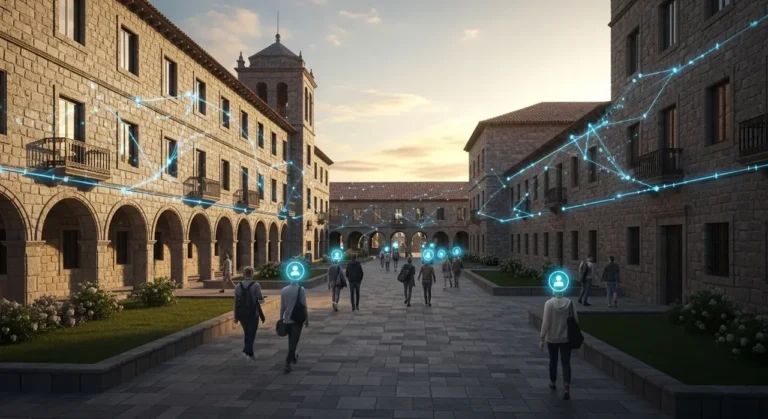 Campus universitario al atardecer con estudiantes conectados digitalmente a través de redes de inteligencia artificial